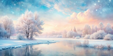 Fototapeta premium Pastel nature landscape with a snowy winter scene, pastel colors, winter wonderland, snow-covered, serene, tranquil, cold