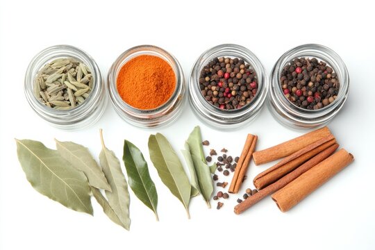 Small glass jars filled with vibrant spices sit beside fresh bay leaves and cinnamon sticks, providing a bright and aromatic display. Generative AI
