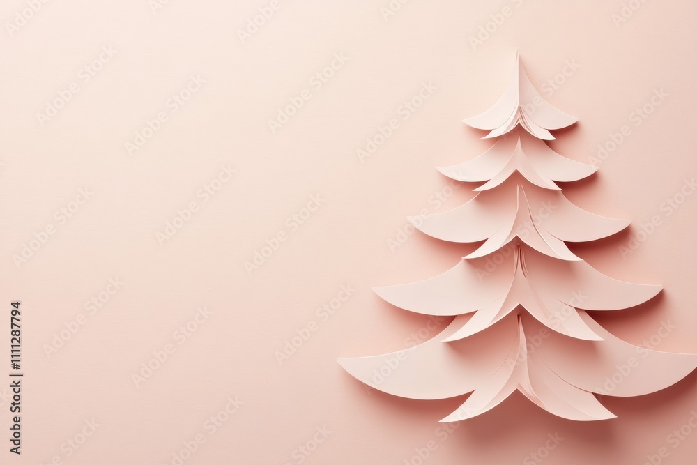 Poster A layered 3D paper Christmas tree showcases its design with ample blank space for personalized text, ideal for festive decoration or crafts. Generative AI
