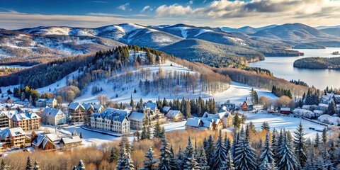 Fototapeta premium Ski resort in Le Mont-Tremblant Quebec Canada with snow-covered mountains and pine trees, winter, ski, resort