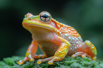Naklejka premium Vibrant Orange And Green Frog On Moss
