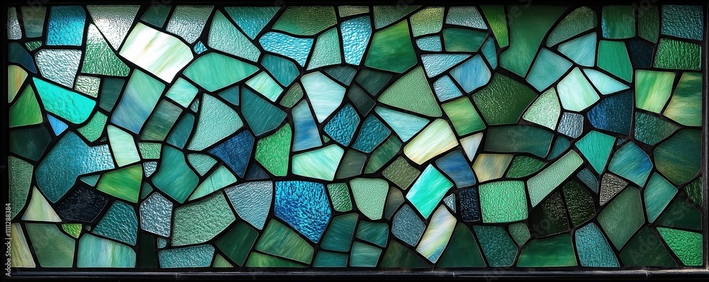 Aufkleber Detailed view of stained glass window. Mosaic-style design in various shades of teal, green. Irregular shapes create abstract geometric patterns. Dark framing emphasizes textured glass pieces. Unique
