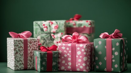 Wrapped presents with pink ribbons on green background.