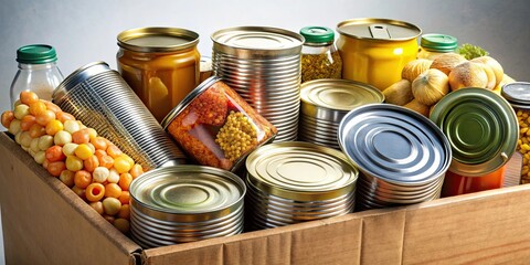 Food donations concept with various canned goods and non-perishable items in a donation bin , charity, community