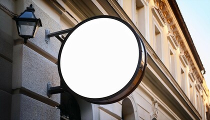 round signboard mockup at old city building with retro lantern white template for displaying cafe restaurant shop museum hotel name or logo high quality photo