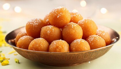 indian sweet motichoor laddoo is also known as bundi laddu or motichur laddoo which originated from very small gram flour balls or boondis which are deep fried ai generative