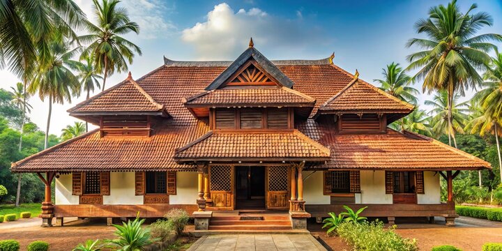 Traditional Kerala house with distinctive sloping roof and intricate woodwork isolated on background, Kerala