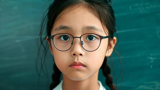 A girl with braided hair stands in front of a chalkboard, their face blurred for anonymity.