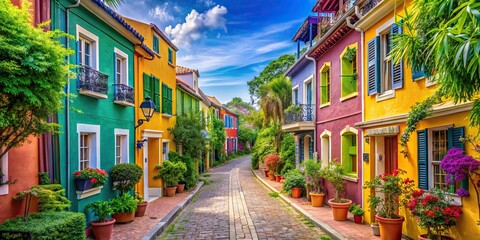 Obraz premium Vibrant street scene with colorful houses and lush greenery, bold, colorful, street, vibrant, yellow, pink, red, houses