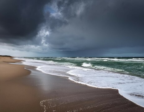 dramatic rainy spring day on the beach with wild windy ocean and white sand nationalpark thy in north jutland in denmark on the danish noth sea coast