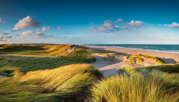 beautiful wide panorama views of the endless grass beach sand dunes on the danish coast with warm spring summer sunlight nationalpark thy in north jutland in denmark on the danish noth sea coast