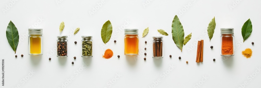 Poster Colorful jars filled with aromatic spices are arranged alongside bay leaves and cinnamon sticks, creating an inviting and vibrant scene. Generative AI