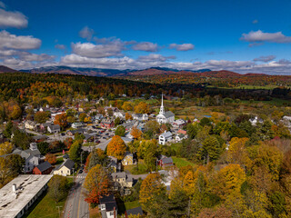 10/7/22 STOWE VERMONT USA - elevated view of picture perfect Stowe Vermont in Autumn Color