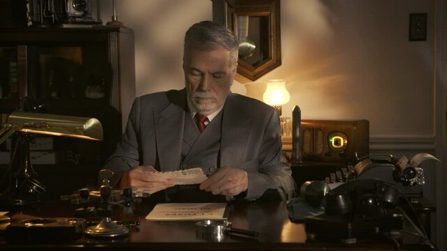 1940 businessman opening a letter at his desk