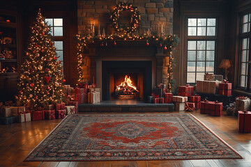Warmly lit living room decorated for the holiday season with a cozy fireplace and a Christmas tree