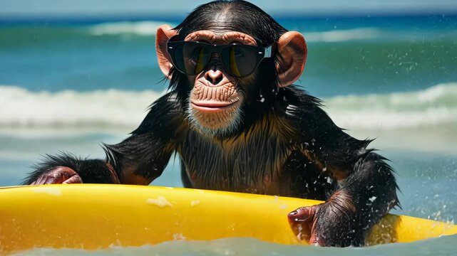A cute chimpanzee surfer enjoys a fun-filled summer day at the beach, riding waves with enthusiasm, Ai Generated.