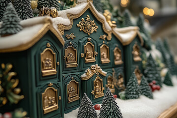 Obraz premium Intricate craftsmanship of a festive holiday display featuring miniature buildings and trees