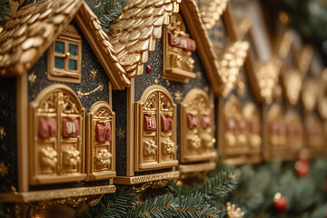 Fototapeta premium Close-up view of ornate holiday advent calendar houses adorned with gold accents