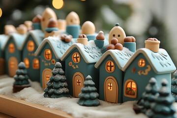 Close-up view of festive miniature houses set in winter snow with warm lights