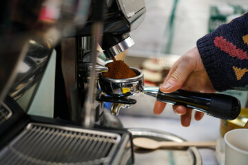 Preparing coffee with coffee machine. Close up 