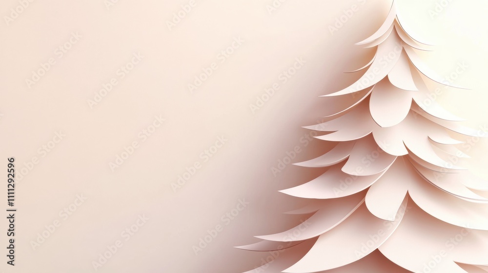 Poster A creatively designed layered 3D paper Christmas tree displays soft curves and textures, providing space for personalized greetings or notes. Generative AI