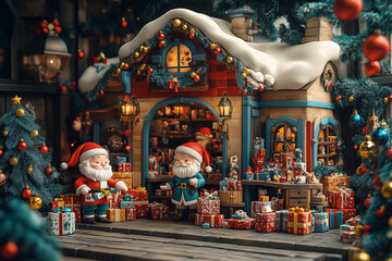 Fototapeta premium Santa Claus and his cheerful elves preparing gifts in a festive workshop during the holiday season