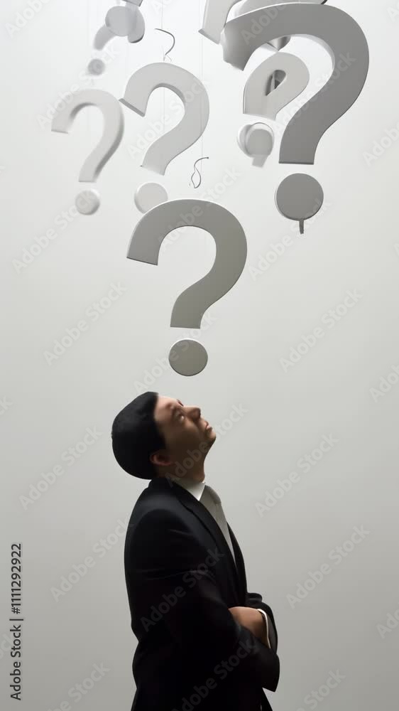 Poster businessman with arms crossed is looking up at hanging question marks on a gray background, symboliz