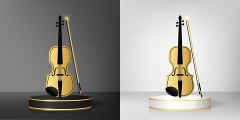 Gold violin and golden bow on realistic black, white podium or pedestal stage © AnSeet