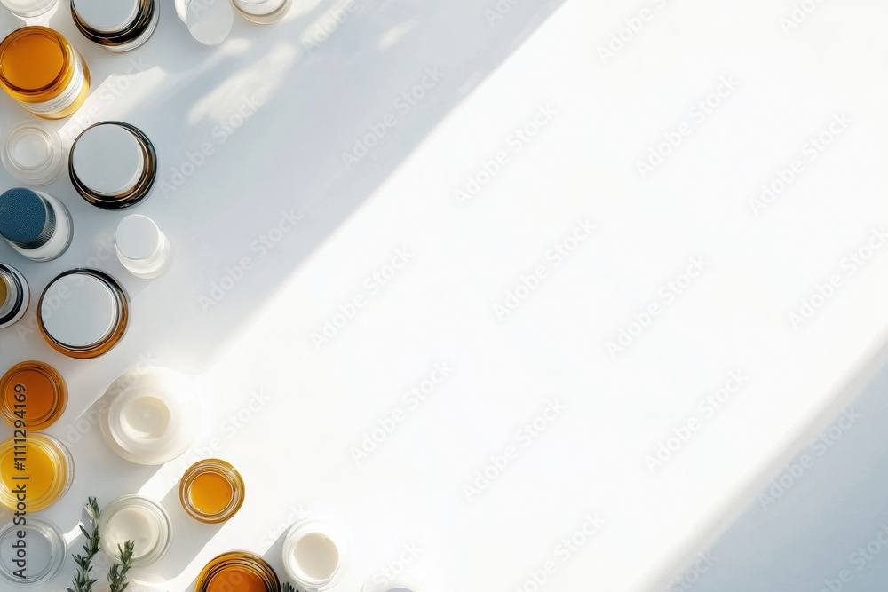 Aufkleber various skin care containers including jars, tubes, and oils are neatly arranged on a white surface,