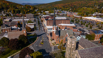 10/12/22 NORTH ADAMS, MASS., USA - aerial view of North Adams in Berkshire Mountains of Western Mass. shows storefronts and Main Street USA