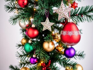 Fototapeta premium A close-up shot of a beautifully decorated Christmas tree with colorful ornaments, sparkling lights, and a shiny star topper, decor, seasonal