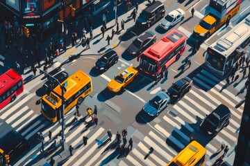 Busy street crossing in an urban center during the afternoon rush hour with diverse vehicles and...