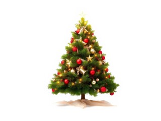 A single tall and lush Christmas tree with vibrant ornaments and twinkling lights, standing proudly against a clean white background, decorations, Christmas tree