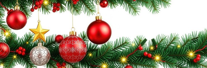 Christmas tree decorated with colorful ornaments and sparkling lights, standing tall and isolated on a white background, traditional, isolated