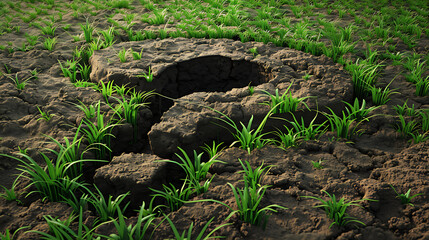 a patch of green grass with a large question mark shaped area cut out, revealing the bare earth underneath. This creative design juxtaposes the vibrant greenery with the stark, uncut soil, symbolizing