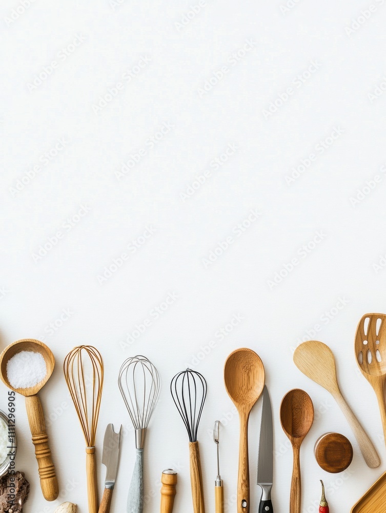 Poster various kitchen tools like spatulas, whisks, and spoons are carefully arranged on a white backdrop, 