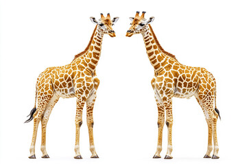 Obraz premium Two young giraffes face each other on a white background