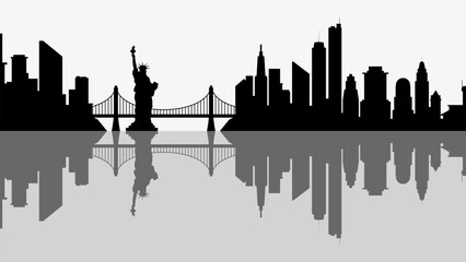 Cityscape illustration of new york city with Liberty statue and bridge