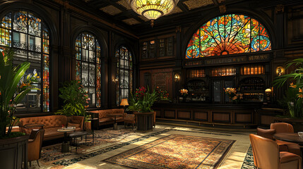Obraz premium Luxurious Vintage Bar Interior with Stained Glass