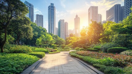 Fototapeta premium Urban Oasis: A Serene City Park at Sunset