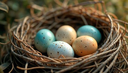 Obraz premium Close-Up Bird Eggs in Nest with Dried Grasses