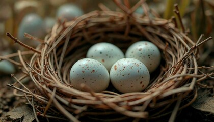 Obraz premium Bird Eggs in Woven Nest Amidst Grass