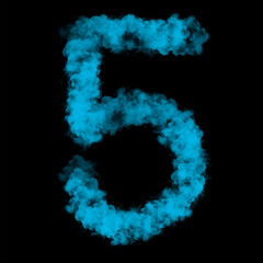 Number five (5) made with Sky or Cloud effect, Fog or smoke isolated on black background, Blue color, Mist or smog Special effect, Abstract, Creative, Illustration design