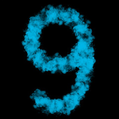 Number nine (9) made with Sky or Cloud effect, Fog or smoke isolated on black background, Blue color, Mist or smog Special effect, Abstract, Creative, Illustration design