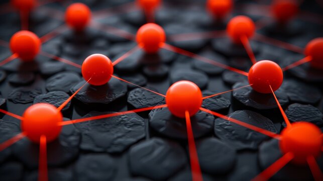 Bright red spheres are interconnected by glowing lines, positioned on a dark, textured surface resembling rocks. The arrangement creates an intriguing visual pattern that captures attention.