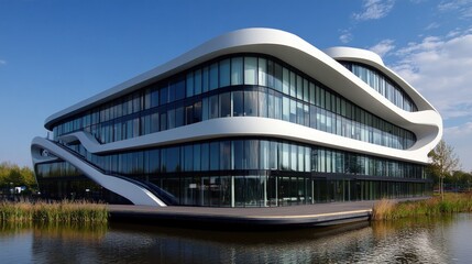 Naklejka premium Modern, curved glass building by waterfront.