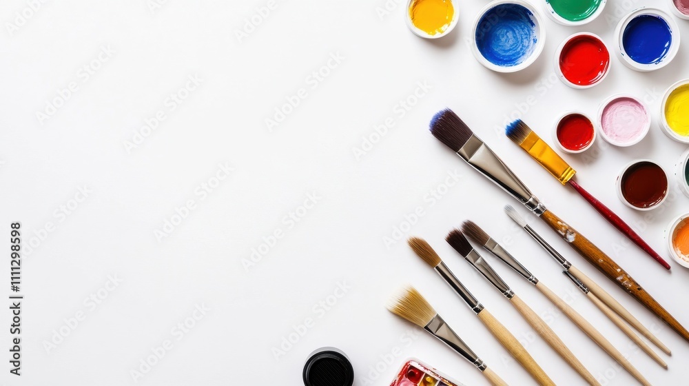 Poster hobby tools like brushes, scissors, and glue are organized on a white surface, providing space for c
