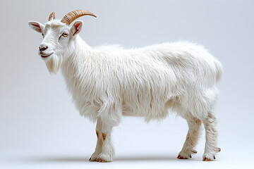 Fototapeta premium A Fluffy White Goat Stands Against A Plain Background