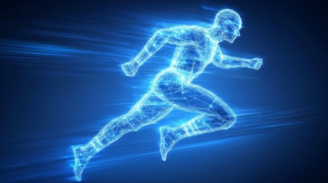 Dynamic blue silhouette of a runner featuring energetic motion blur effects