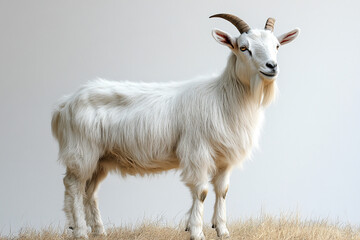 Obraz premium A Fluffy White Goat Stands In Dry Grass